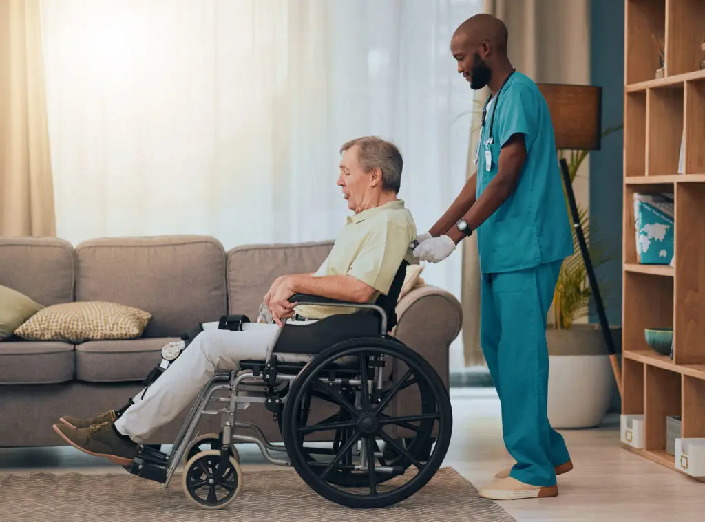 Young man, senior or wheelchair help in nursing home or retirement house in surgery rehabilitation,.